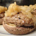 Grilled Smoke Turkey Burger Topped with Sauteed Onions, Blue Cheese and a Portabella Mushroom