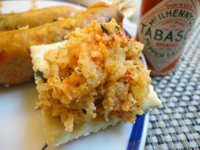 Crawfish Boudin on Cracker, Plate and Hot Sauce Crawfish Boudin on Cracker Plate and Hot Sauce 640x480 Mud Bug Sausage (Louisiana Crawfish Boudin)