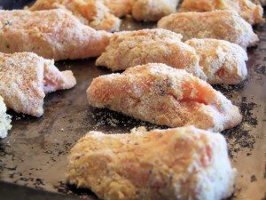 Breaded Salmon Goujons ready for the oven