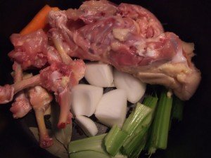 Chicken carcass and vegetables