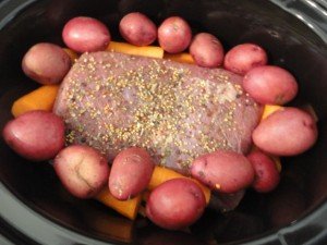 Ingredients in Crock Pot for Corned Beef and Vegetables