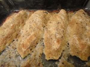 Baked Fish in Casserole Dish, Crusted with Italian Style Bread Crumbs