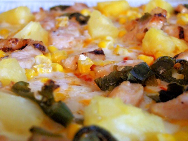 Chicken, sweetcorn, jalapeno and pineapple pizza