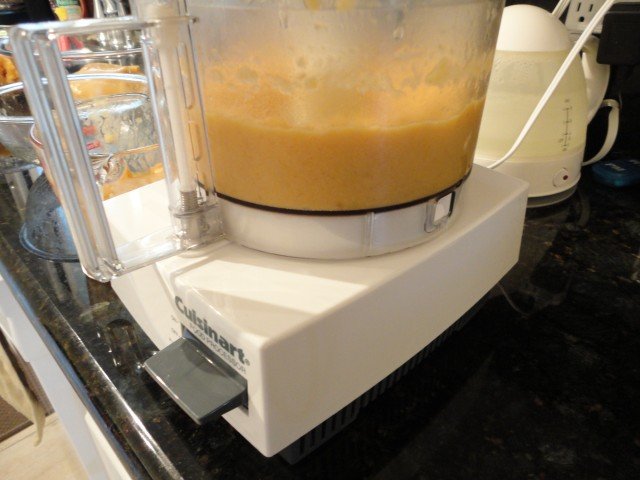 Frozen Peaches and Simple Syrup in the Food Processor