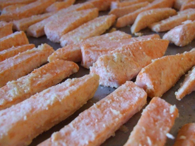 Corn Starched Sweet Potato Fries ready for baking