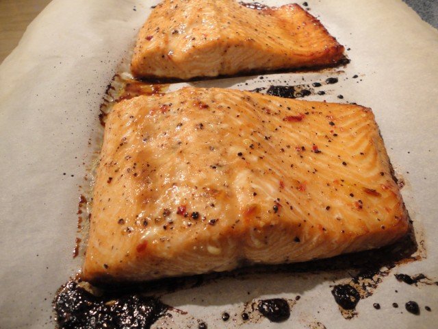Baked Salmon with a Glaze of Honey, Sambal, Soy Sauce and Vegetable Oil